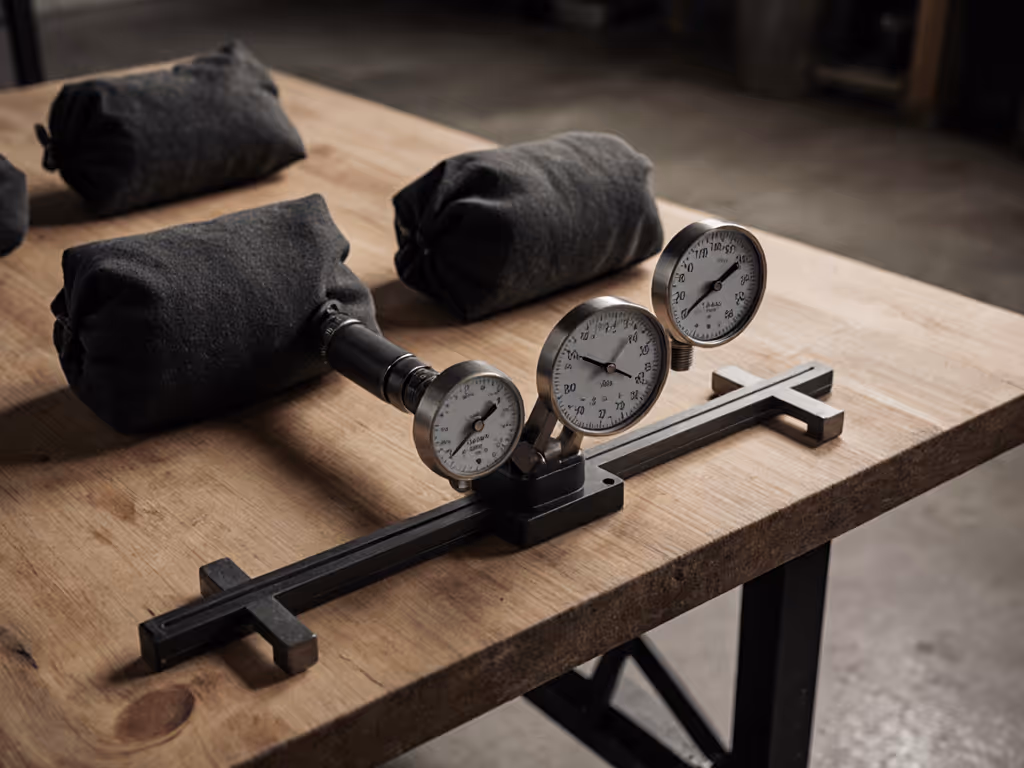 zero-rack_test_rig_with_sandbags_and_dial_indicators_mounted_on_workbench