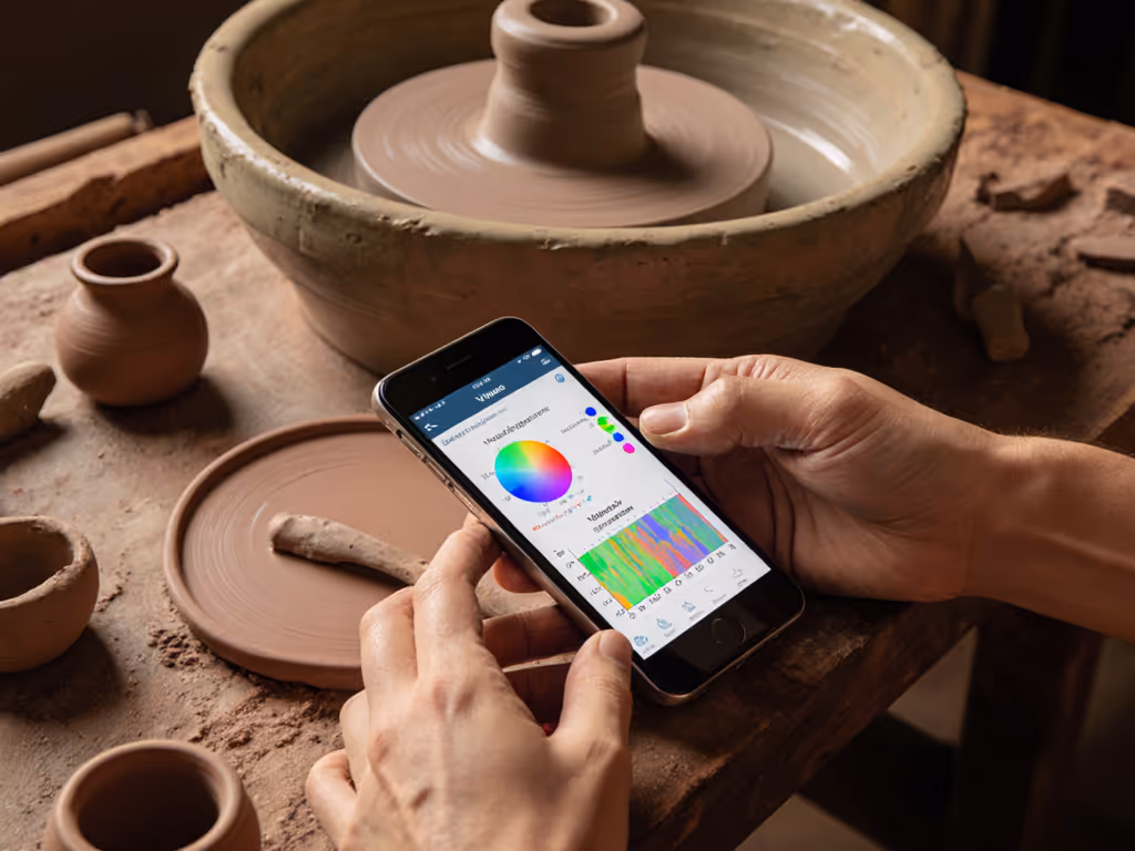 artisan_testing_pottery_bench_vibration_with_smartphone